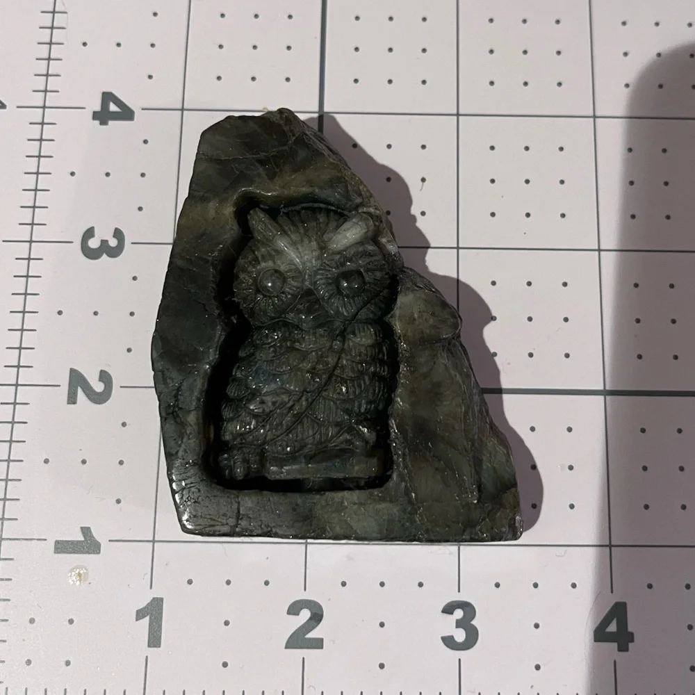 Genuine, labradorite owl carving